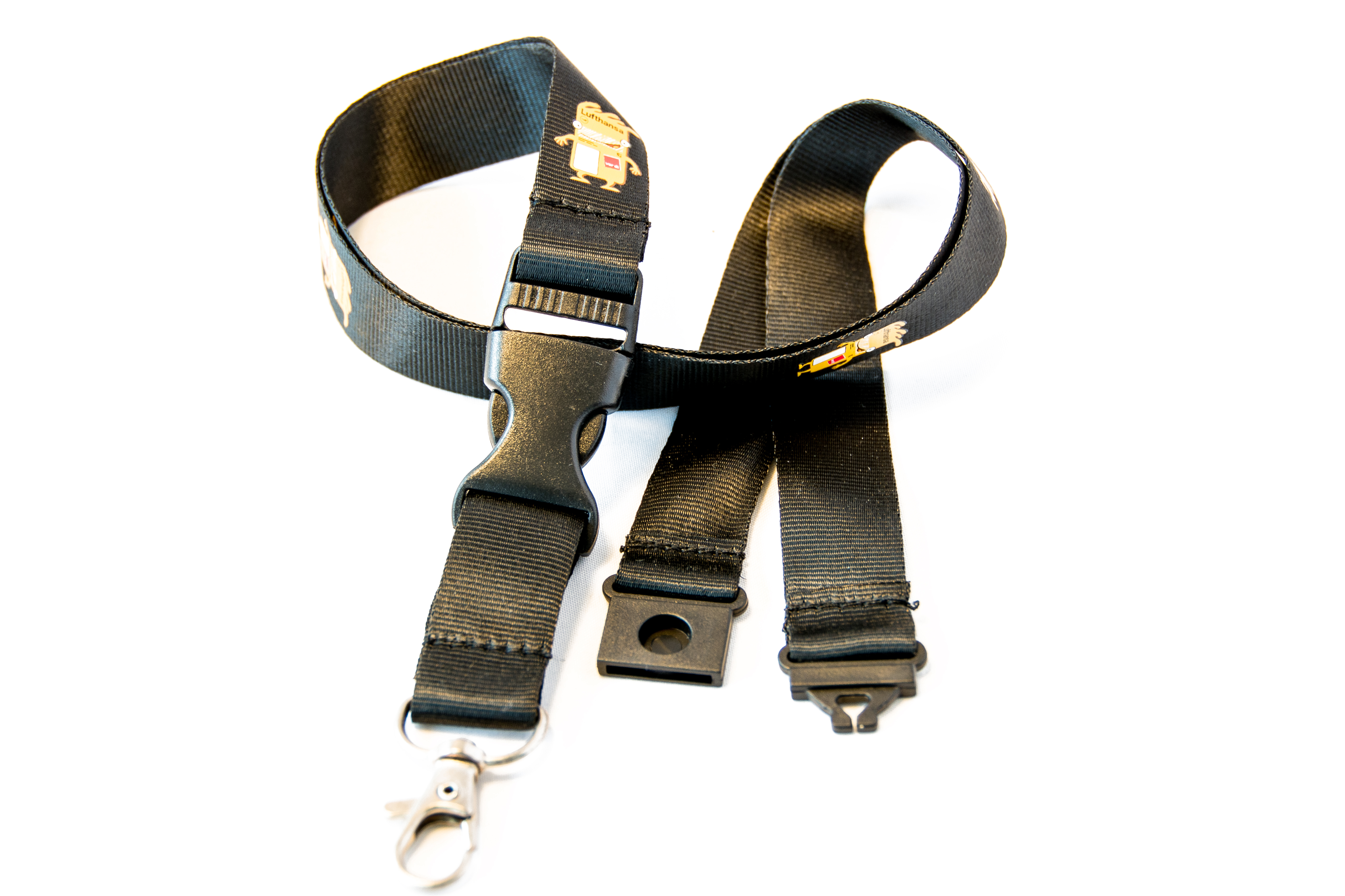 Schwarzes Lanyard mit Roboteraufdruck, Kunststoffverschluss und Metallkarabiner