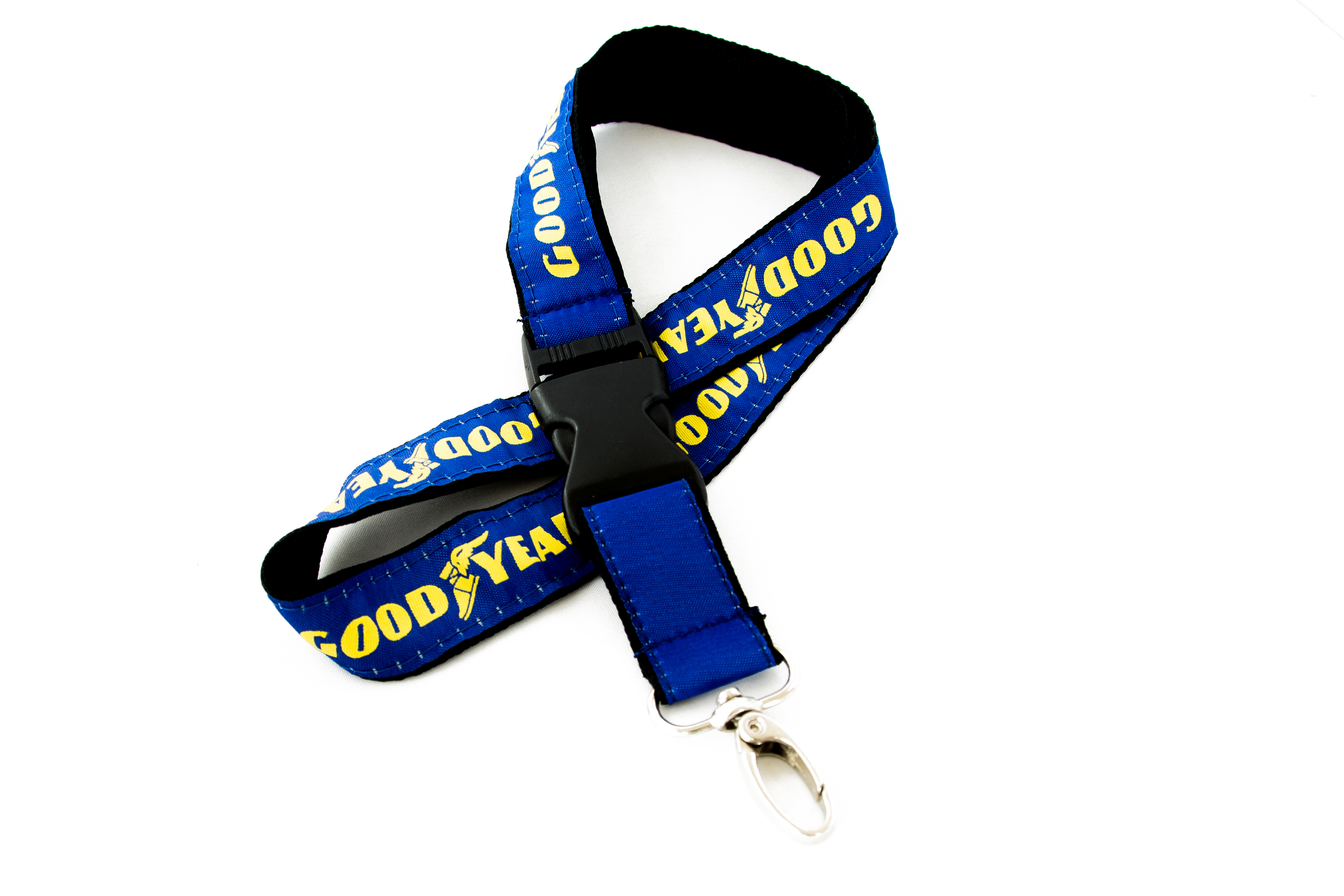 Blaues, gewebtes Schlüsselband mit GoodYear Logo, Plastik-clip und Oval-Haken