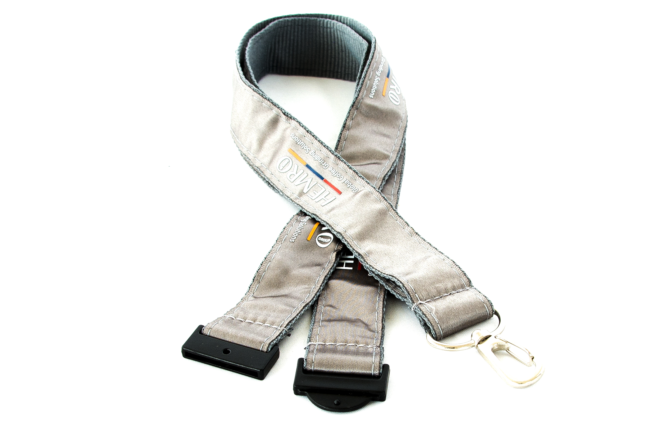 Bedrucktes, graues Schlüsselband mit HEMRO-Logo und Karabinerhaken