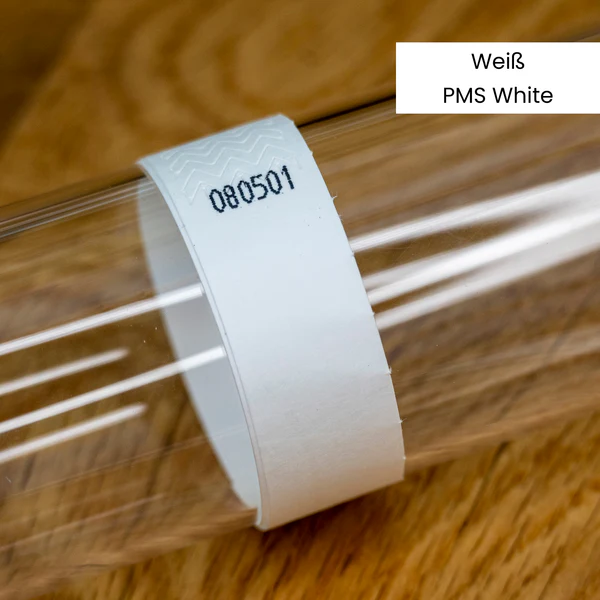Weiß-farbenes Tyvek-Einlassband PMS White C auf Glaszylinder