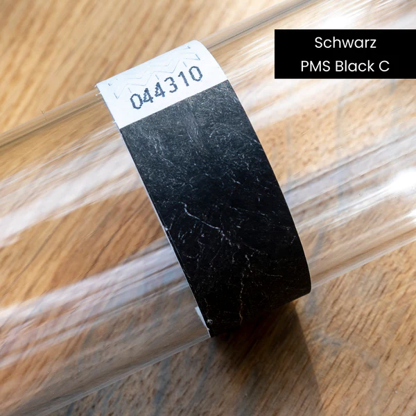 Schwarz-farbenes Tyvek-Einlassband PMS black C auf Glaszylinder