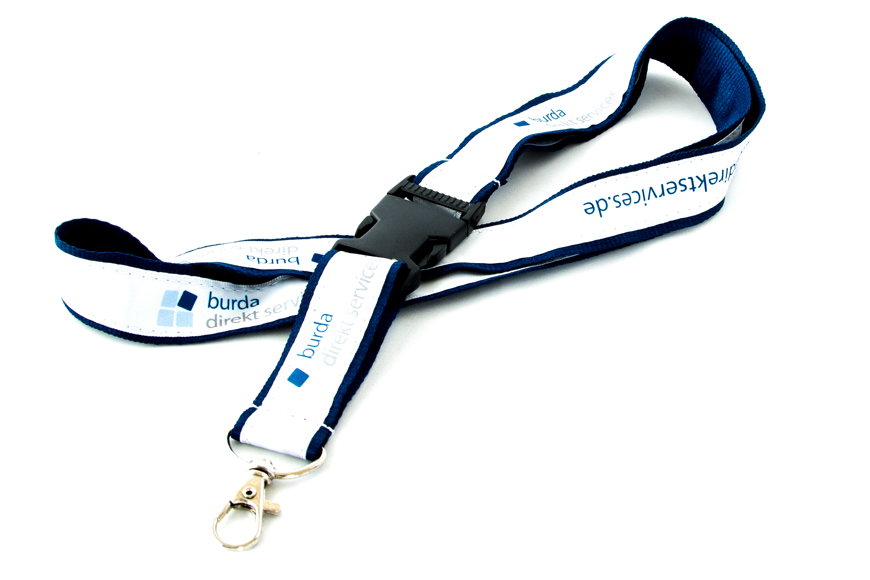 Bedrucktes, weißes Schlüsselband mit burda-Logo und Karabinerhaken