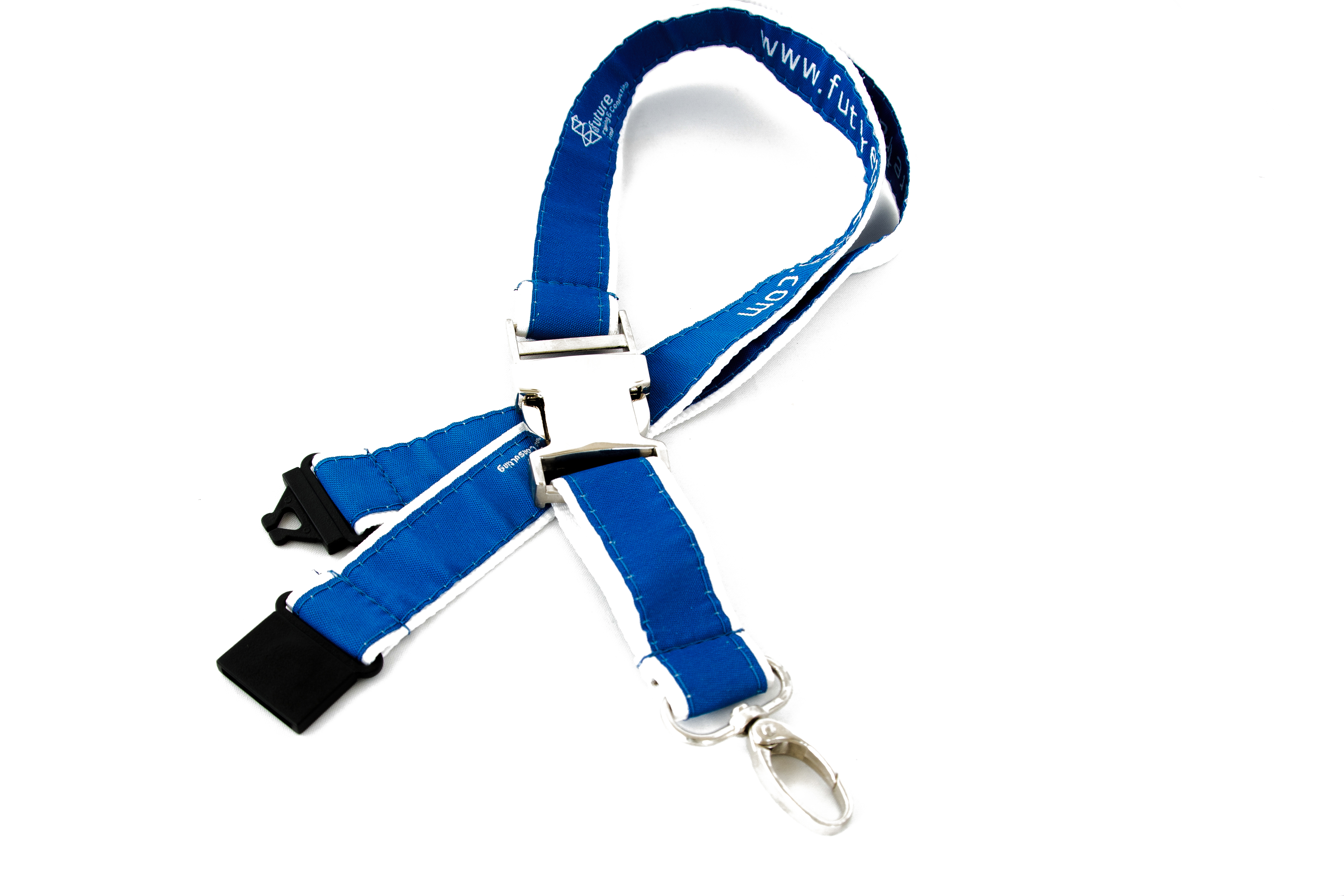 Gewebtes Schlüsselband in blau mit Metall-Clip, Oval-Haken und Security-Clip