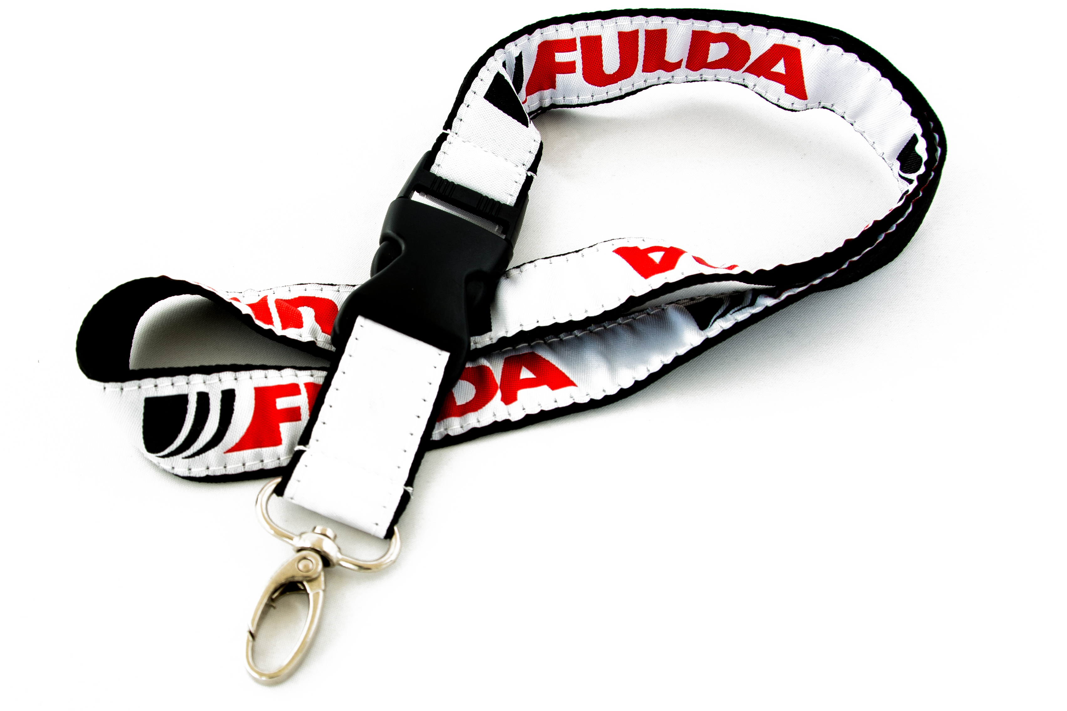 Gewebtes Schlüsselband in weiß mit Oval-Haken und Plastik-Clip